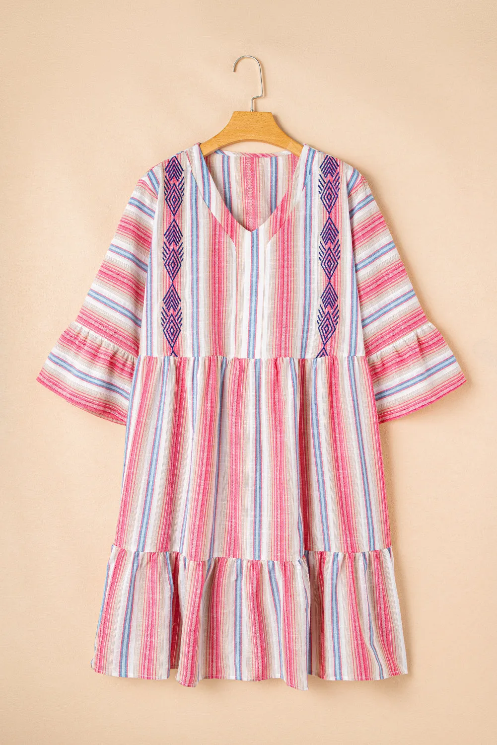 White Stripe Plus Size Embroidered Detail Flared 3/4 Sleeve V Neck Dress sold by Beagle Boutique product image thumbnail 4