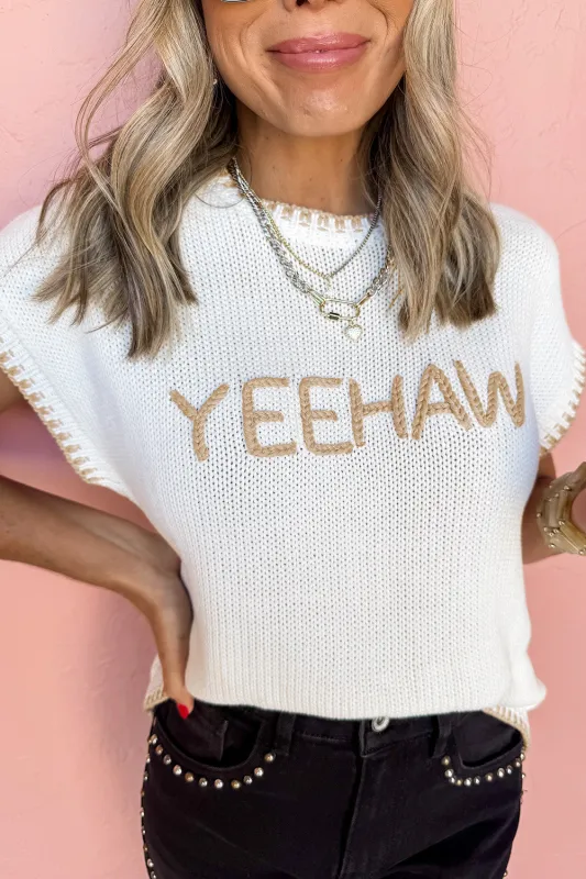 White Knit YEEHAW Stitch Edge Crew Neck Sweater T Shirt sold by Beagle Boutique