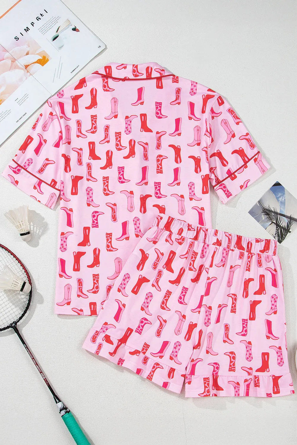 Pink Western Cowgirl Boots Printed Shirt Ruffled Shorts Pyjama Set sold by Beagle Boutique product image thumbnail 3