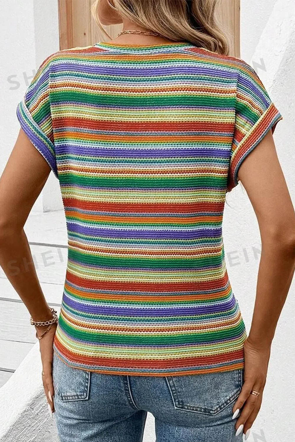 Multicolour Striped Pattern Twist Hem Short Sleeve Top sold by Beagle Boutique product image thumbnail 2