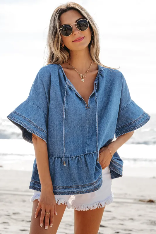 Dusk Blue Denim Ruffled Sleeve Peplum Top sold by Beagle Boutique