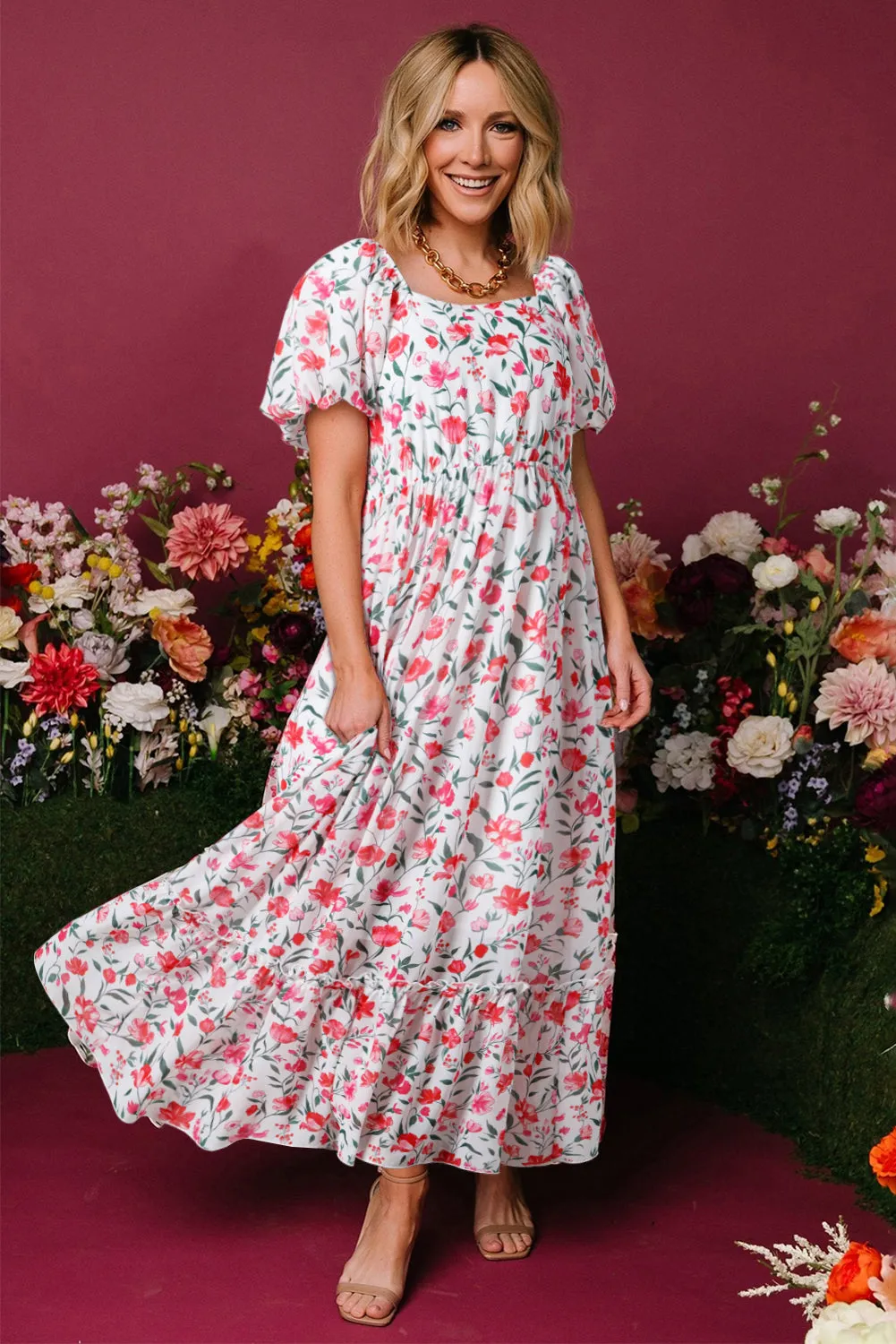 Pink Floral Puff Sleeve Square Neck Empire Waist Tiered Maxi Dress sold by Beagle Boutique product image thumbnail 3
