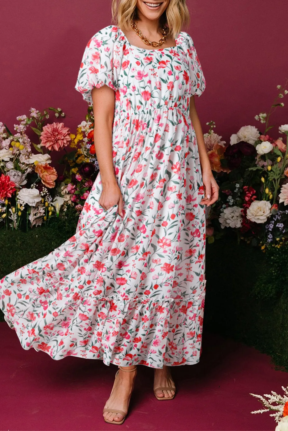 Pink Floral Puff Sleeve Square Neck Empire Waist Tiered Maxi Dress sold by Beagle Boutique