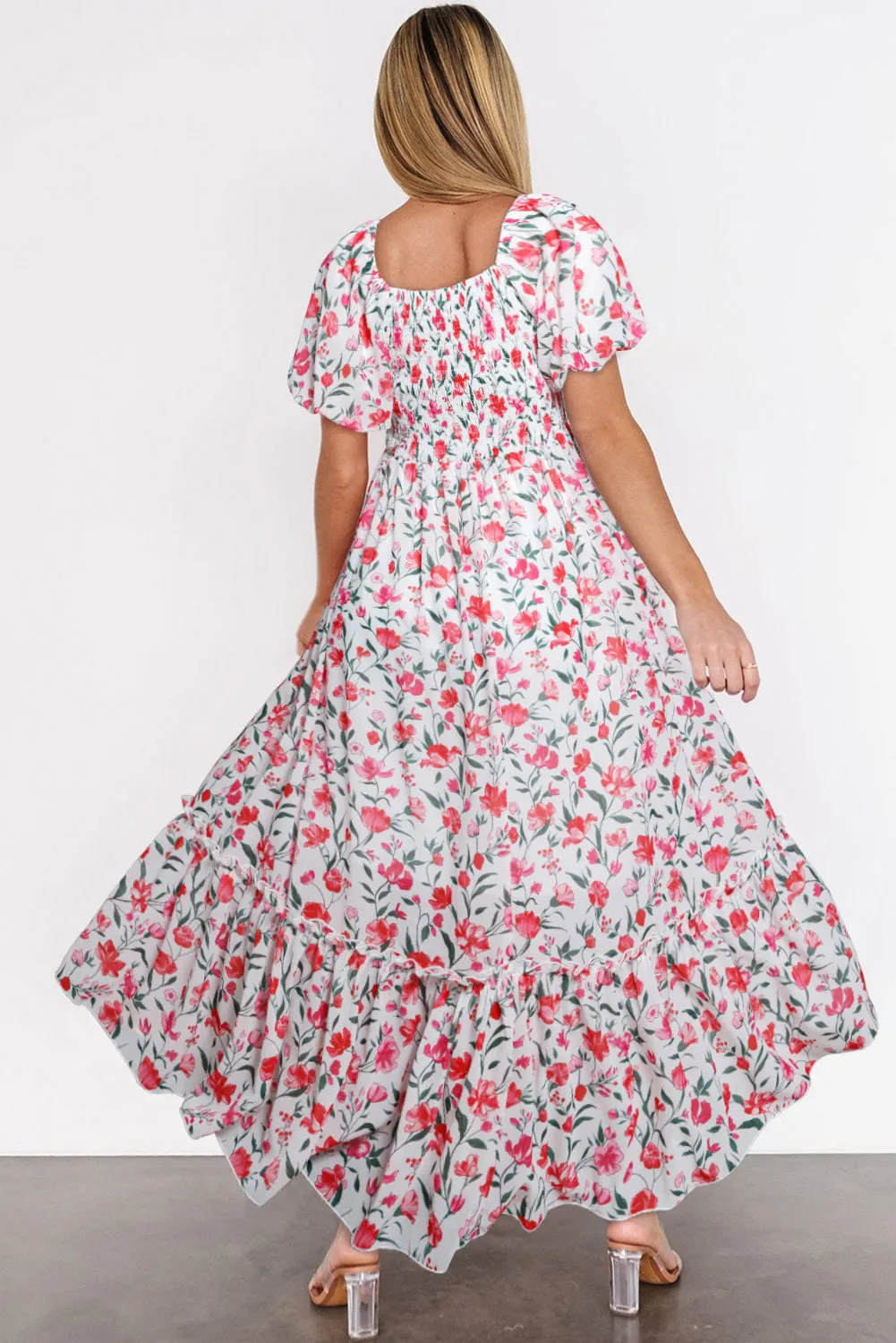 Pink Floral Puff Sleeve Square Neck Empire Waist Tiered Maxi Dress sold by Beagle Boutique product image thumbnail 2