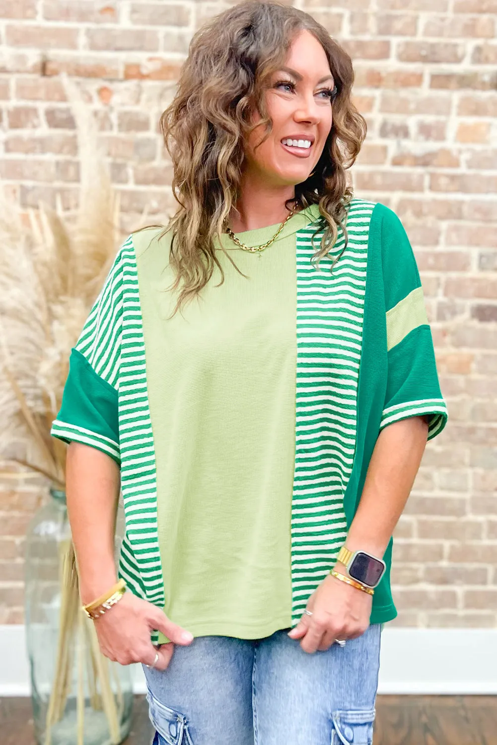 Green Stripe Patchwork Colourblock Plus Size T Shirt sold by Beagle Boutique product image thumbnail 3