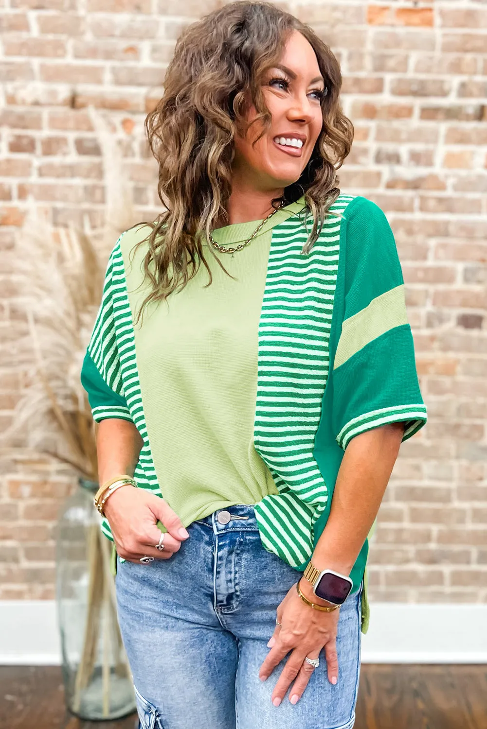 Green Stripe Patchwork Colourblock Plus Size T Shirt sold by Beagle Boutique product image thumbnail 4