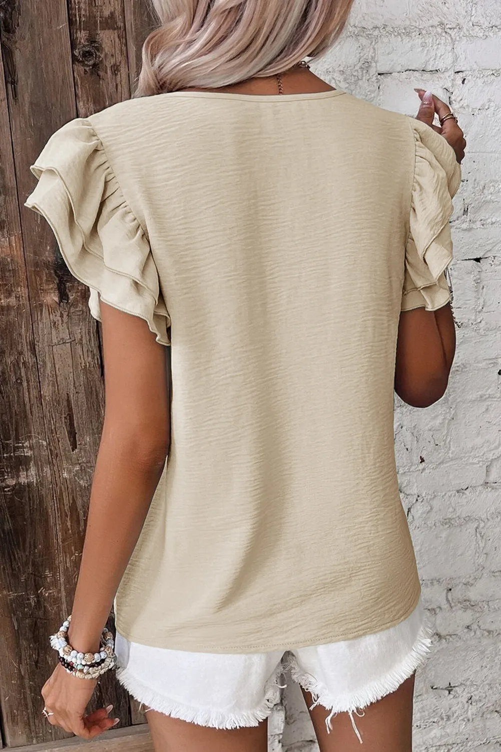 Beige Solid Colour Ruffled Short Sleeve Casual Blouse sold by Beagle Boutique product image thumbnail 2