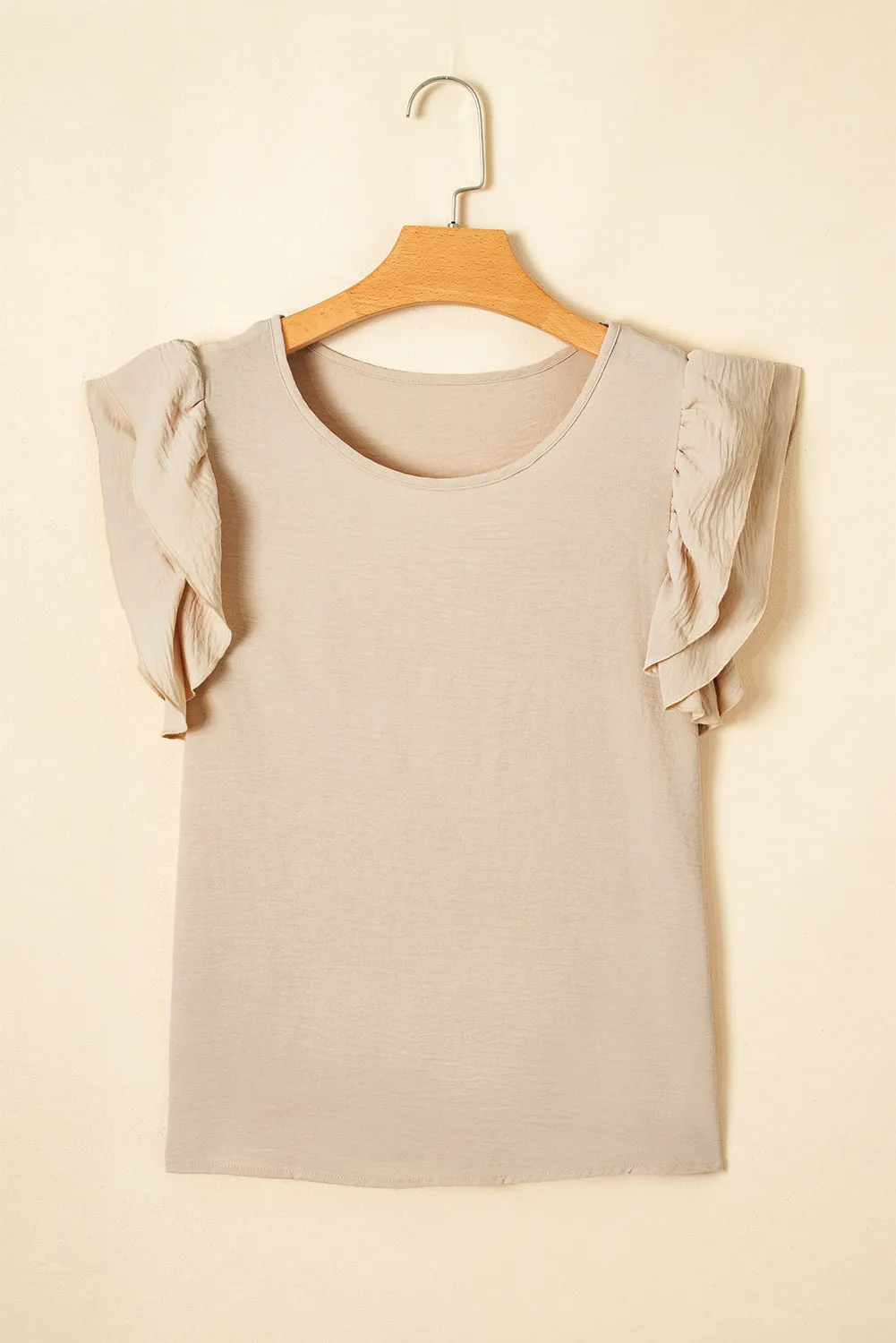 Beige Solid Colour Ruffled Short Sleeve Casual Blouse sold by Beagle Boutique product image thumbnail 4