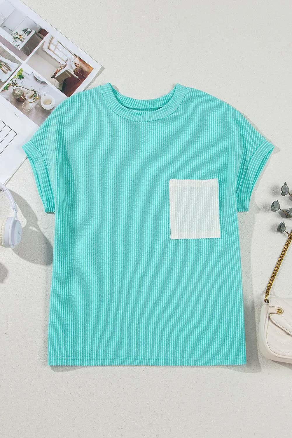 Ribbed Knit Colour Block Pocketed Crew Neck T Shirt sold by Beagle Boutique product image thumbnail 4