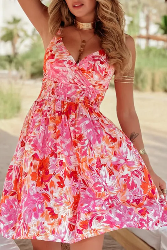 Red Floral Spaghetti Strap Surplice Neck Shirred Waist Mini Dress sold by Beagle Boutique