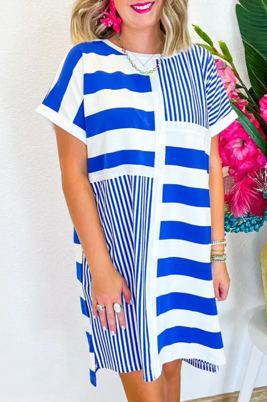 Blue Stripe Mixed Printed Short Sleeve Shift Mini T Shirt Dress sold by Beagle Boutique