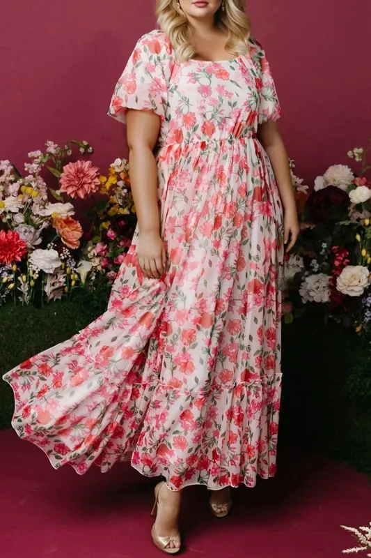 Pink Plus Size Floral Square Neck Puff Sleeve Ruffle Maxi Dress sold by Beagle Boutique