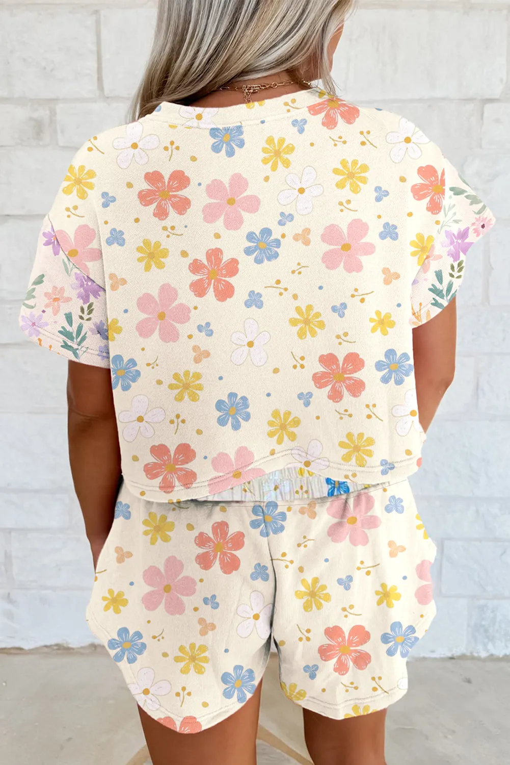 Apricot Floral Print Crop Top Wide Leg Short Set sold by Beagle Boutique product image thumbnail 2