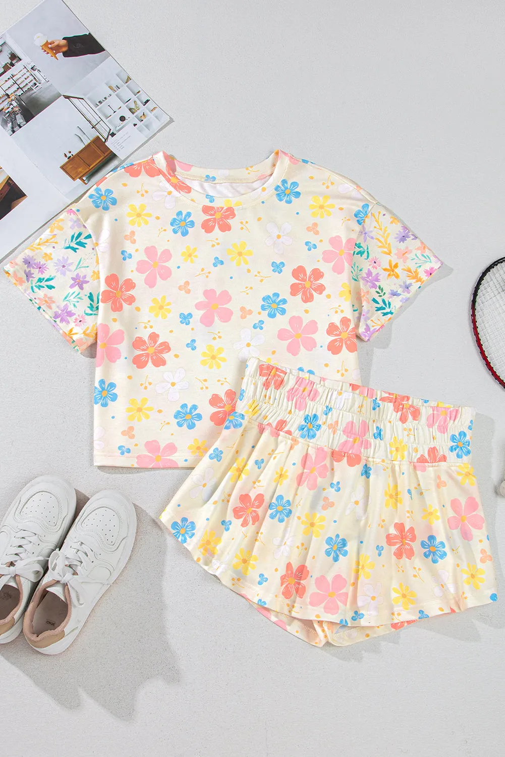 Apricot Floral Print Crop Top Wide Leg Short Set sold by Beagle Boutique product image thumbnail 3