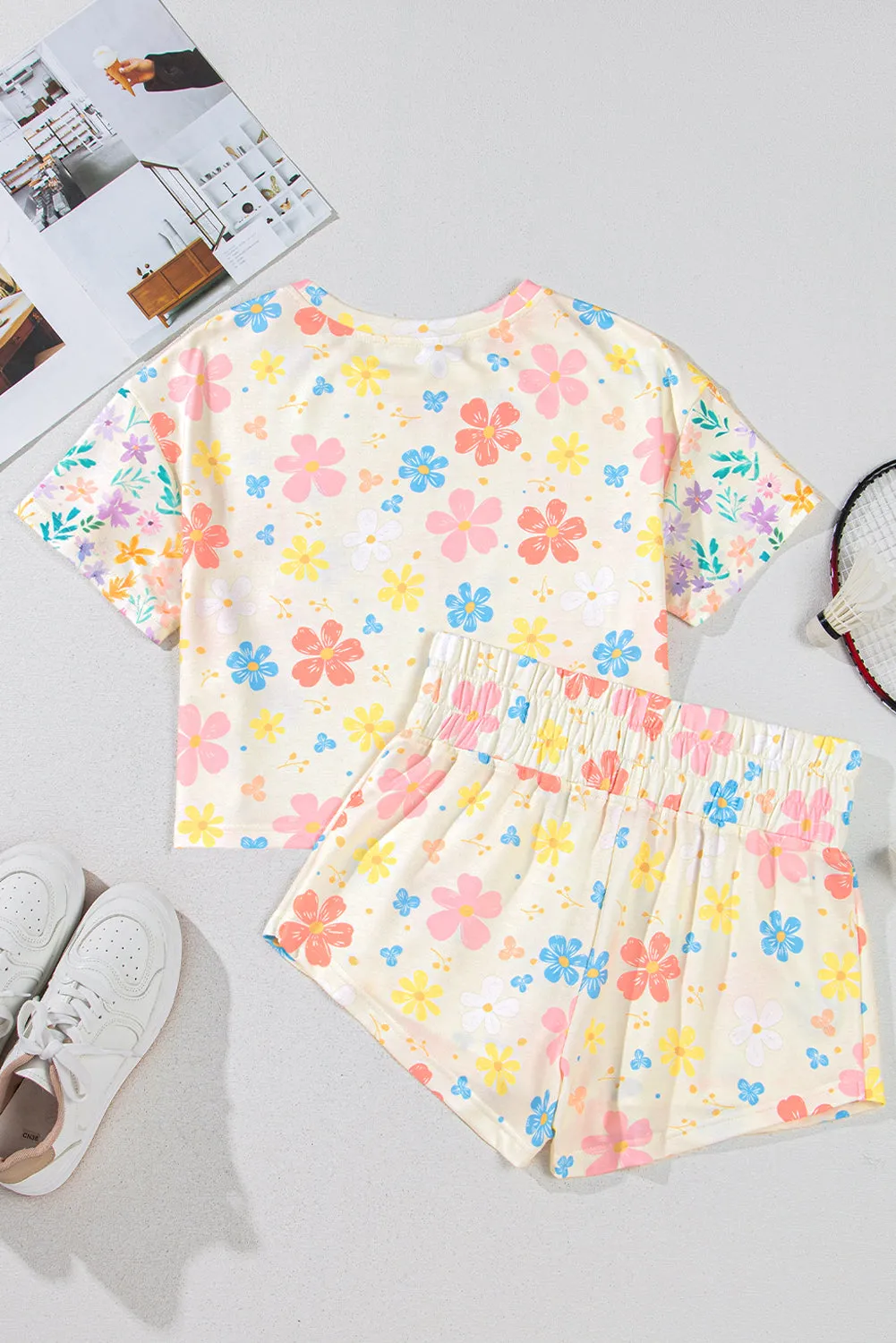 Apricot Floral Print Crop Top Wide Leg Short Set sold by Beagle Boutique product image thumbnail 4