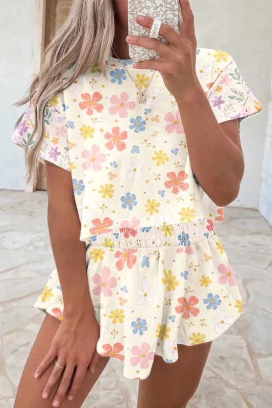 Apricot Floral Print Crop Top Wide Leg Short Set sold by Beagle Boutique