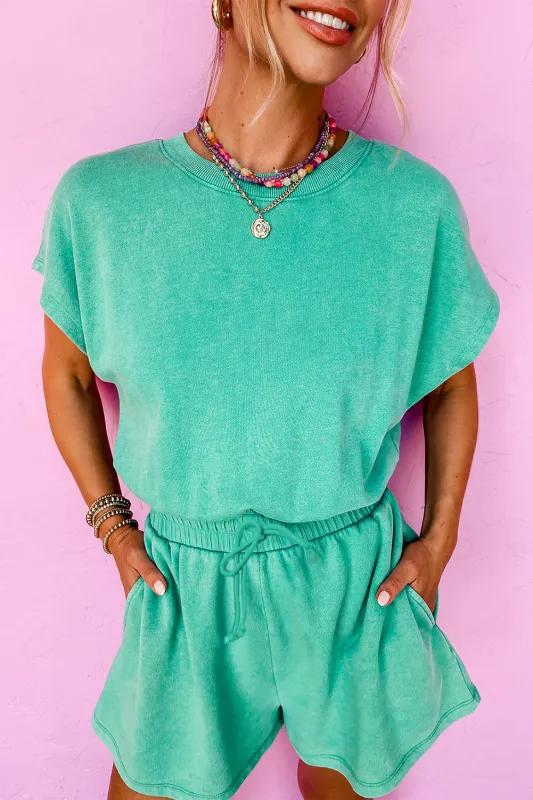 Sea Green Mineral Wash Drawstring Waist Hollow Out Back Short Sleeve Romper sold by Beagle Boutique