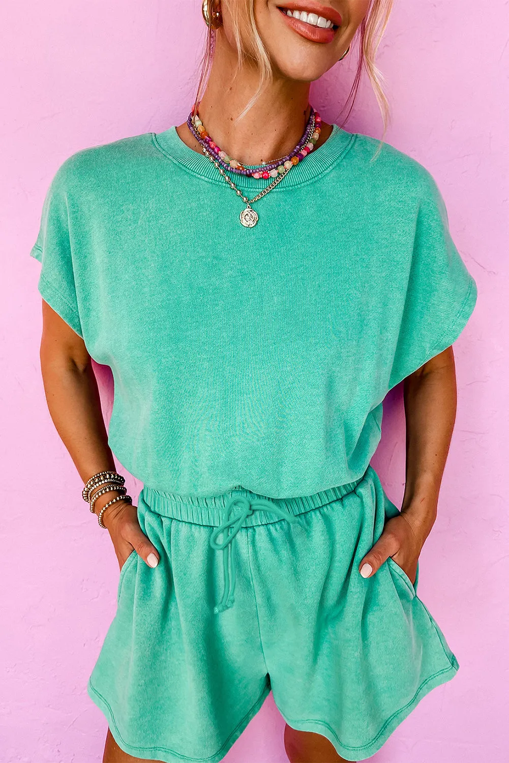 Sea Green Mineral Wash Drawstring Waist Hollow Out Back Short Sleeve Romper sold by Beagle Boutique