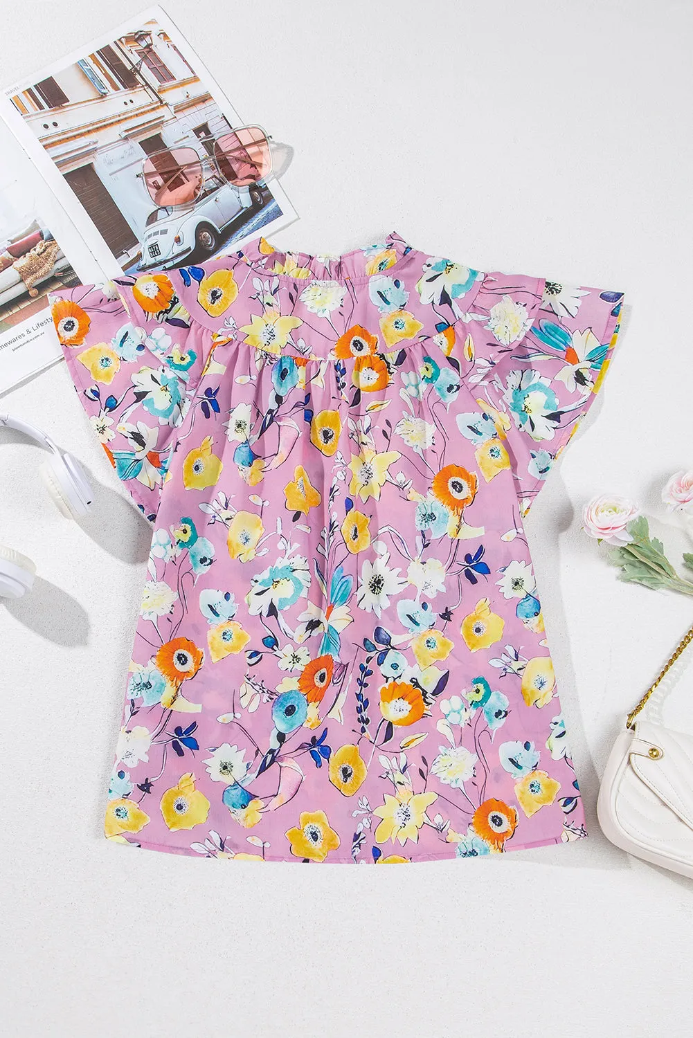 Pink Flutter Sleeve V Neck Floral Top sold by Beagle Boutique product image thumbnail 4