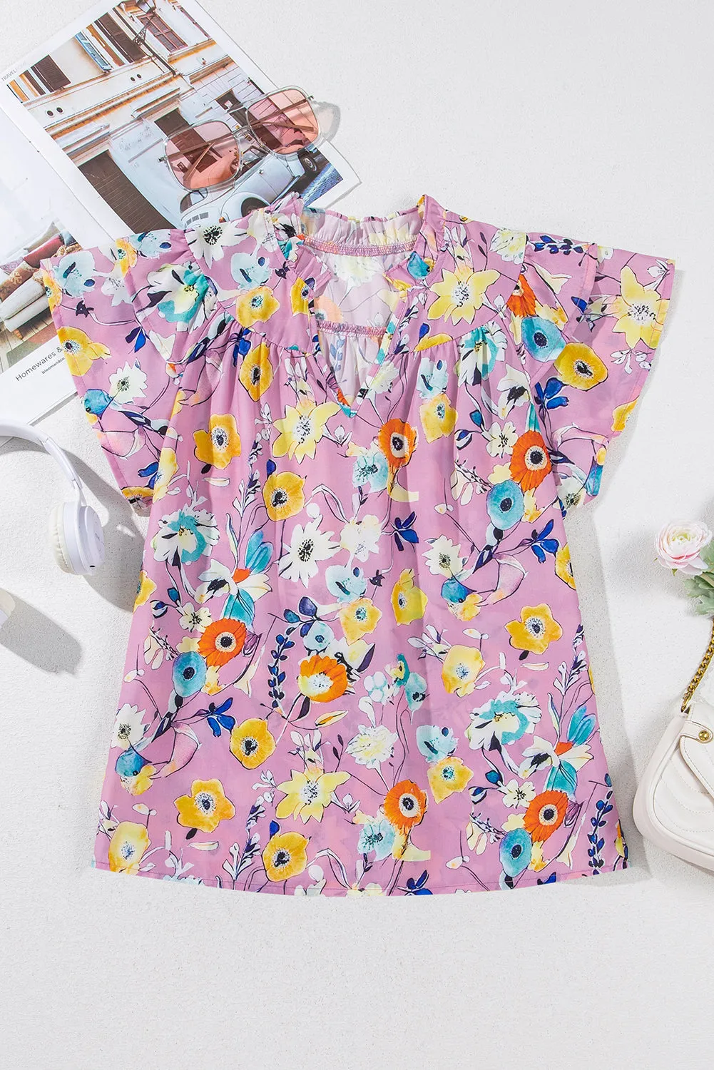 Pink Flutter Sleeve V Neck Floral Top sold by Beagle Boutique product image thumbnail 3