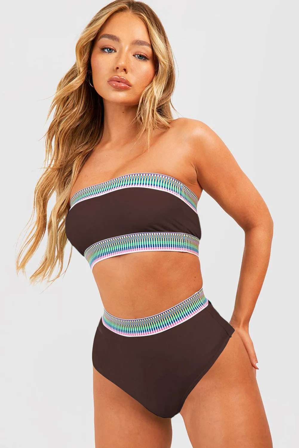 Coffee Contrast Banding Tube Bikini High Waist 2pcs Swimsuit sold by Beagle Boutique product image thumbnail 3