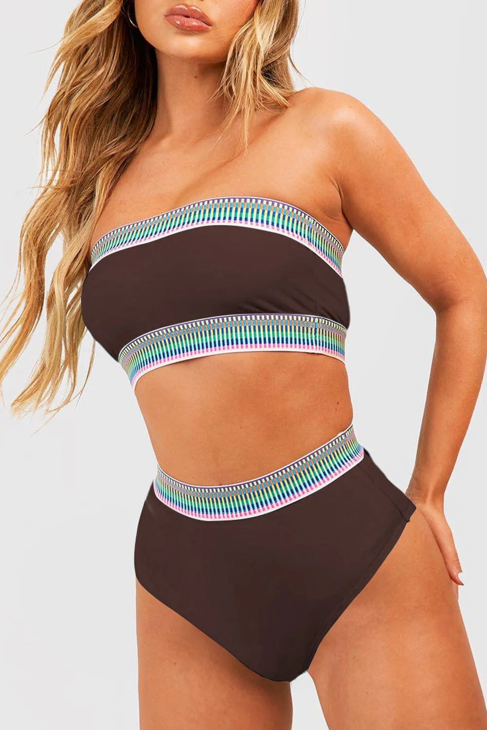 Coffee Contrast Banding Tube Bikini High Waist 2pcs Swimsuit sold by Beagle Boutique