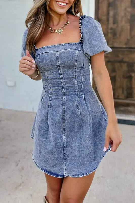 Blue Frilly Square Neck Bustier Puff Sleeve Short Denim Dress sold by Beagle Boutique