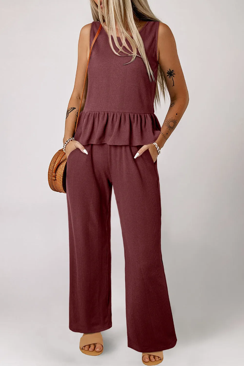 Red Dahlia Solid Colour Ribbed Ruffle Tank Top and Trousers Set sold by Beagle Boutique product image thumbnail 4