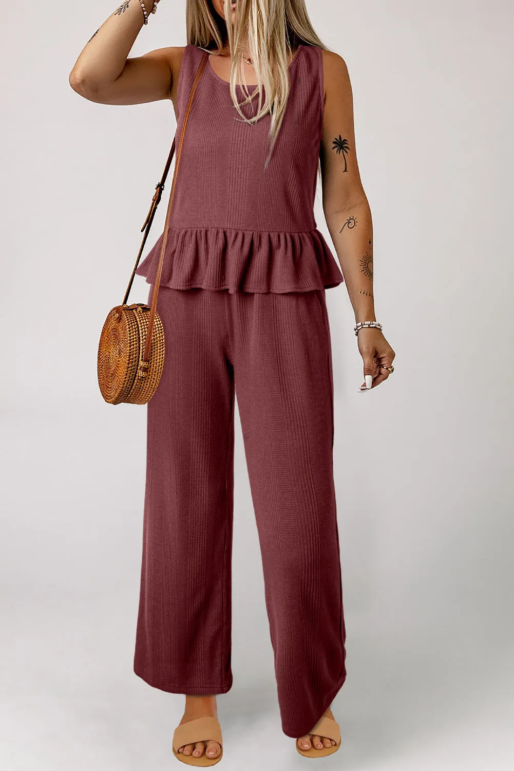 Red Dahlia Solid Colour Ribbed Ruffle Tank Top and Trousers Set sold by Beagle Boutique product image thumbnail 3