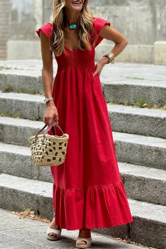 V Neck Flutter Sleeve Smocked Bodice High Waist Ruffle Maxi Dress sold by Beagle Boutique
