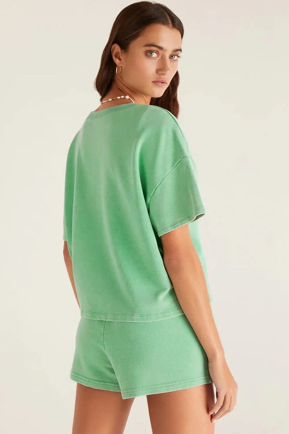 Mint Green V Neck Drop Shoulder Tee and Patchwork Drawstring Shorts Set sold by Beagle Boutique product image thumbnail 2