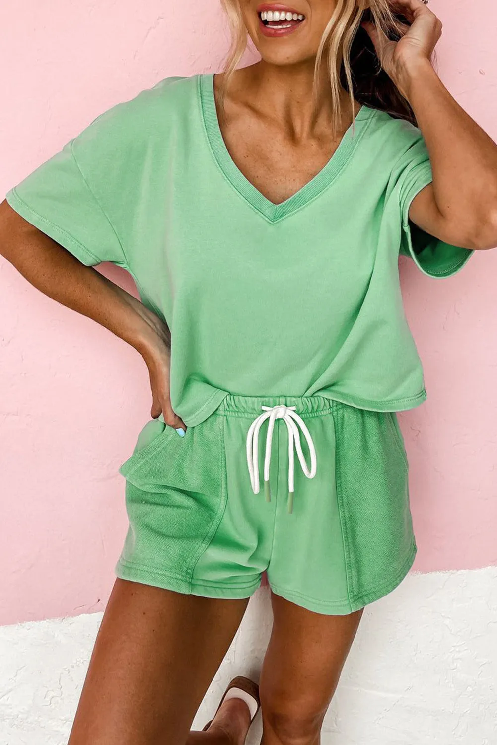 Mint Green V Neck Drop Shoulder Tee and Patchwork Drawstring Shorts Set sold by Beagle Boutique