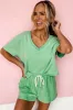 Mint Green V Neck Drop Shoulder Tee and Patchwork Drawstring Shorts Set sold by Beagle Boutique