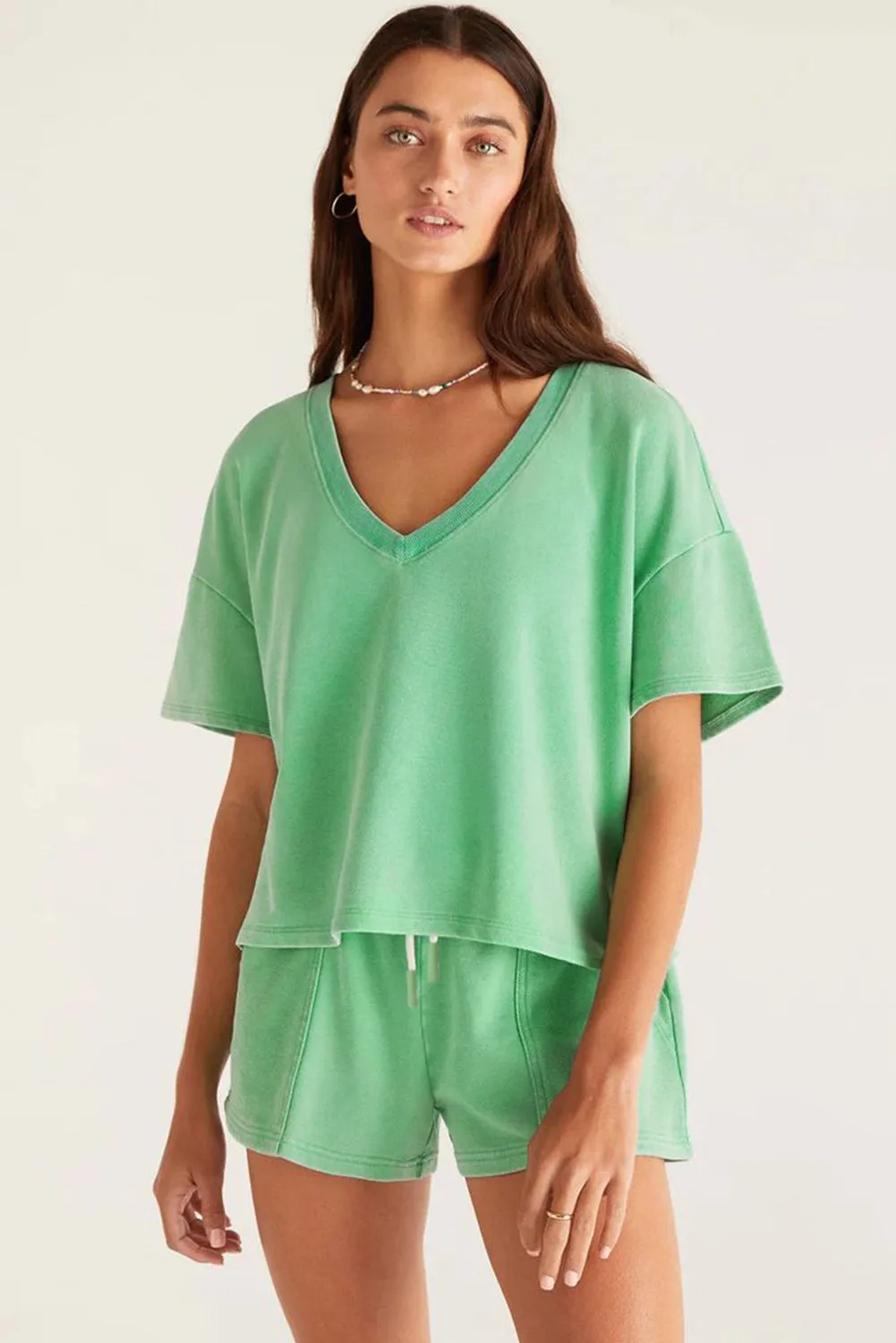 Mint Green V Neck Drop Shoulder Tee and Patchwork Drawstring Shorts Set sold by Beagle Boutique product image thumbnail 3