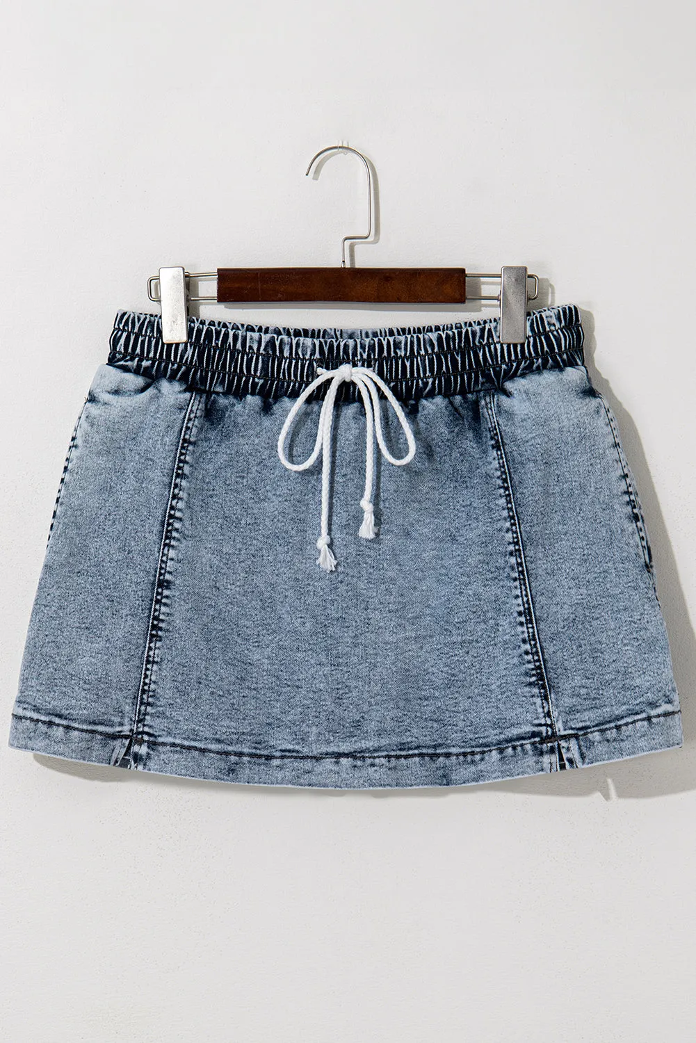 Dusk Blue Drawstring High Waist Pocketed Denim Shorts Skort sold by Beagle Boutique product image thumbnail 4