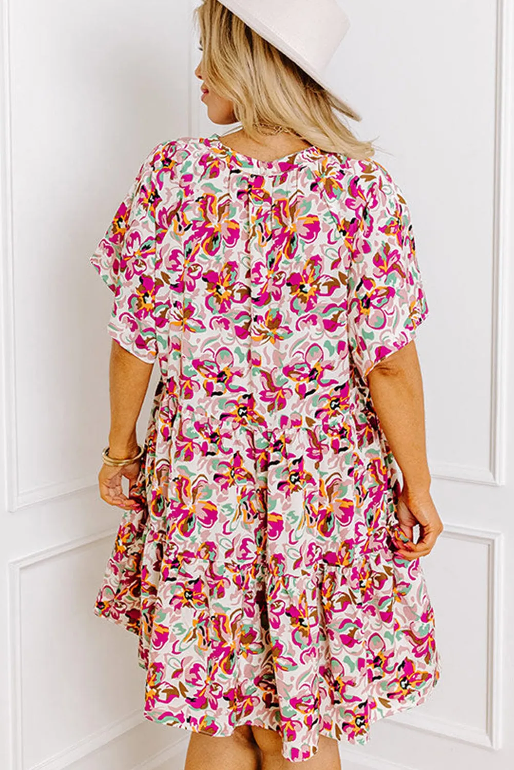 White Abstract Print V Neck Short Sleeve Ruffled Plus Size Mini Dress sold by Beagle Boutique product image thumbnail 2