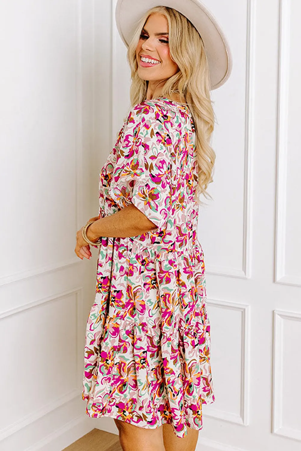 White Abstract Print V Neck Short Sleeve Ruffled Plus Size Mini Dress sold by Beagle Boutique product image thumbnail 4