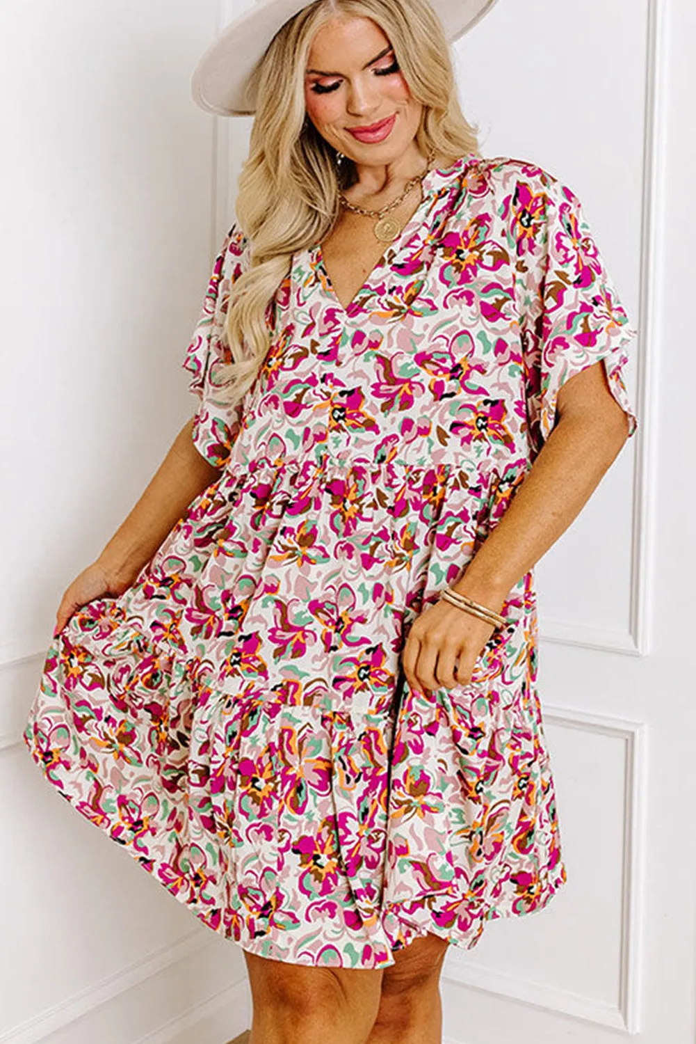 White Abstract Print V Neck Short Sleeve Ruffled Plus Size Mini Dress sold by Beagle Boutique product image thumbnail 3