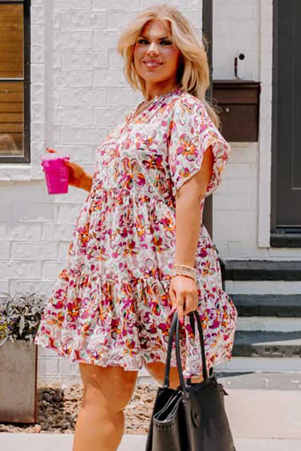 White Abstract Print V Neck Short Sleeve Ruffled Plus Size Mini Dress sold by Beagle Boutique product image thumbnail 5