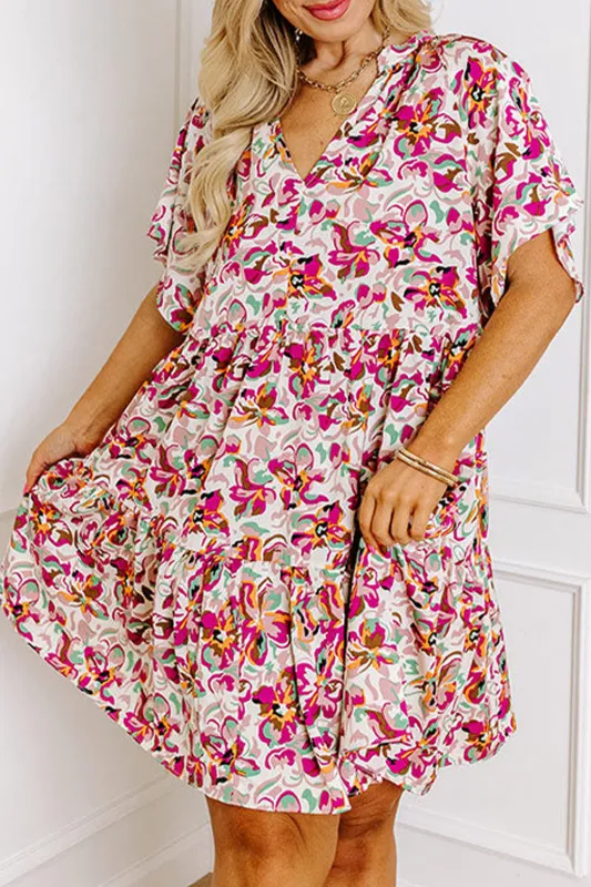 White Abstract Print V Neck Short Sleeve Ruffled Plus Size Mini Dress sold by Beagle Boutique