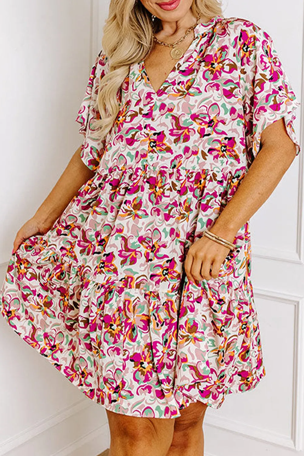 White Abstract Print V Neck Short Sleeve Ruffled Plus Size Mini Dress sold by Beagle Boutique