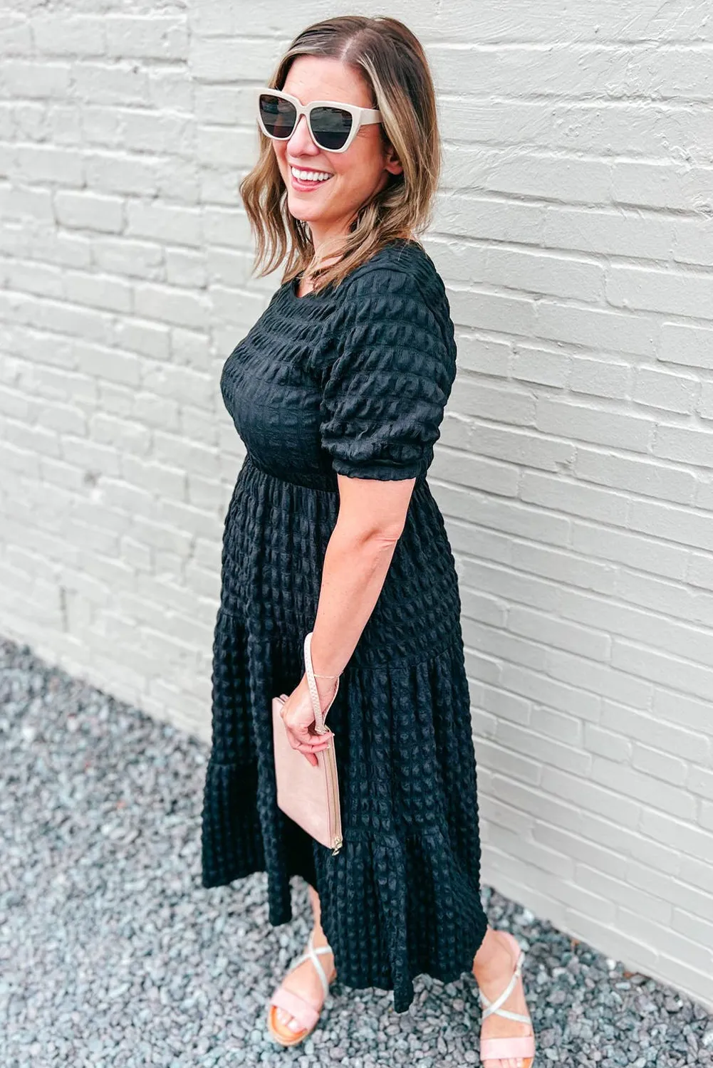 Black Plus Size Textured Tiered Short Sleeve Maxi Dress sold by Beagle Boutique product image thumbnail 5