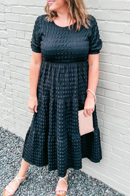 Black Plus Size Textured Tiered Short Sleeve Maxi Dress sold by Beagle Boutique