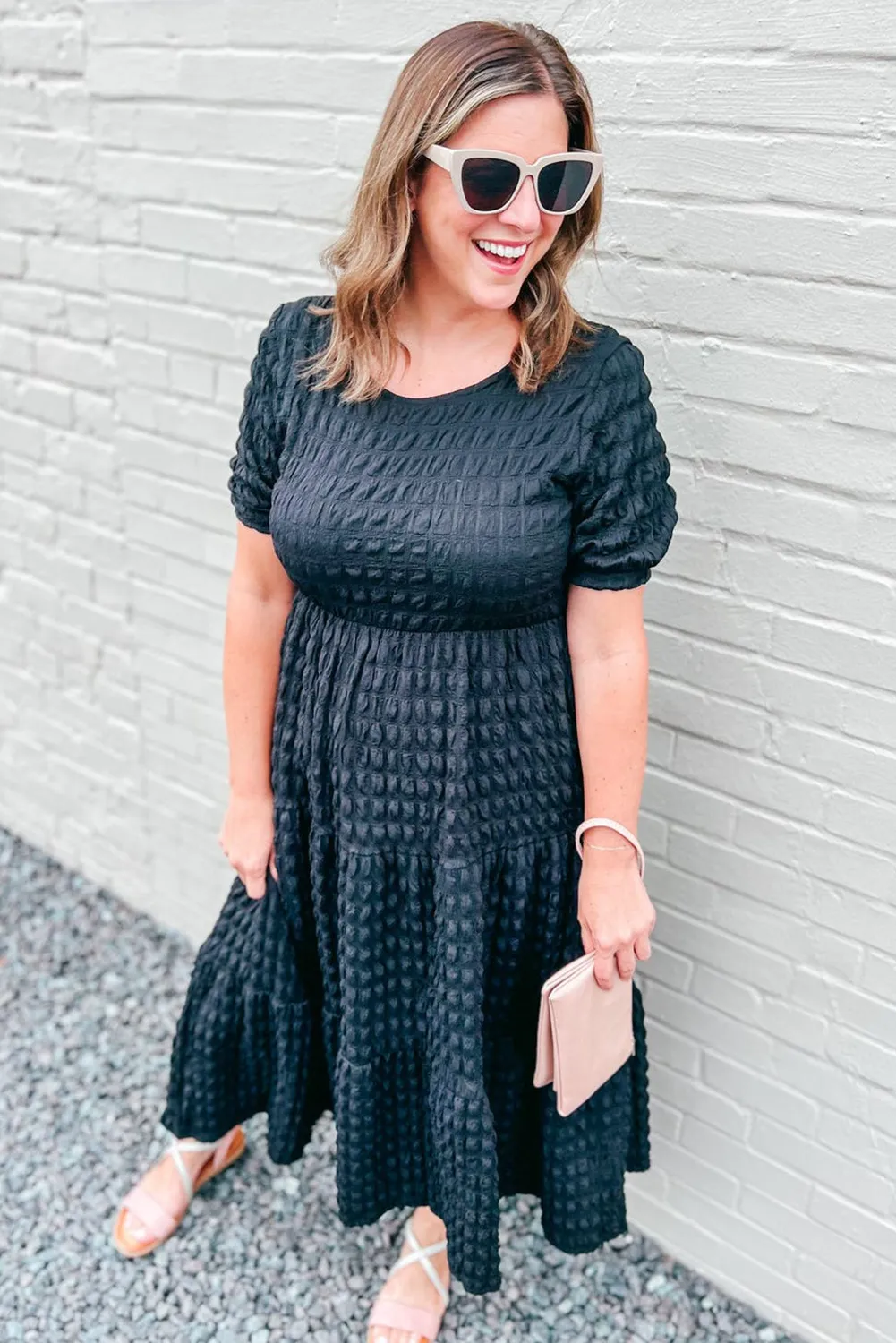 Black Plus Size Textured Tiered Short Sleeve Maxi Dress sold by Beagle Boutique product image thumbnail 3