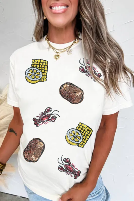 White Sequin Crawfish Potato Lemon Corn Graphic Crewneck T Shirt sold by Beagle Boutique