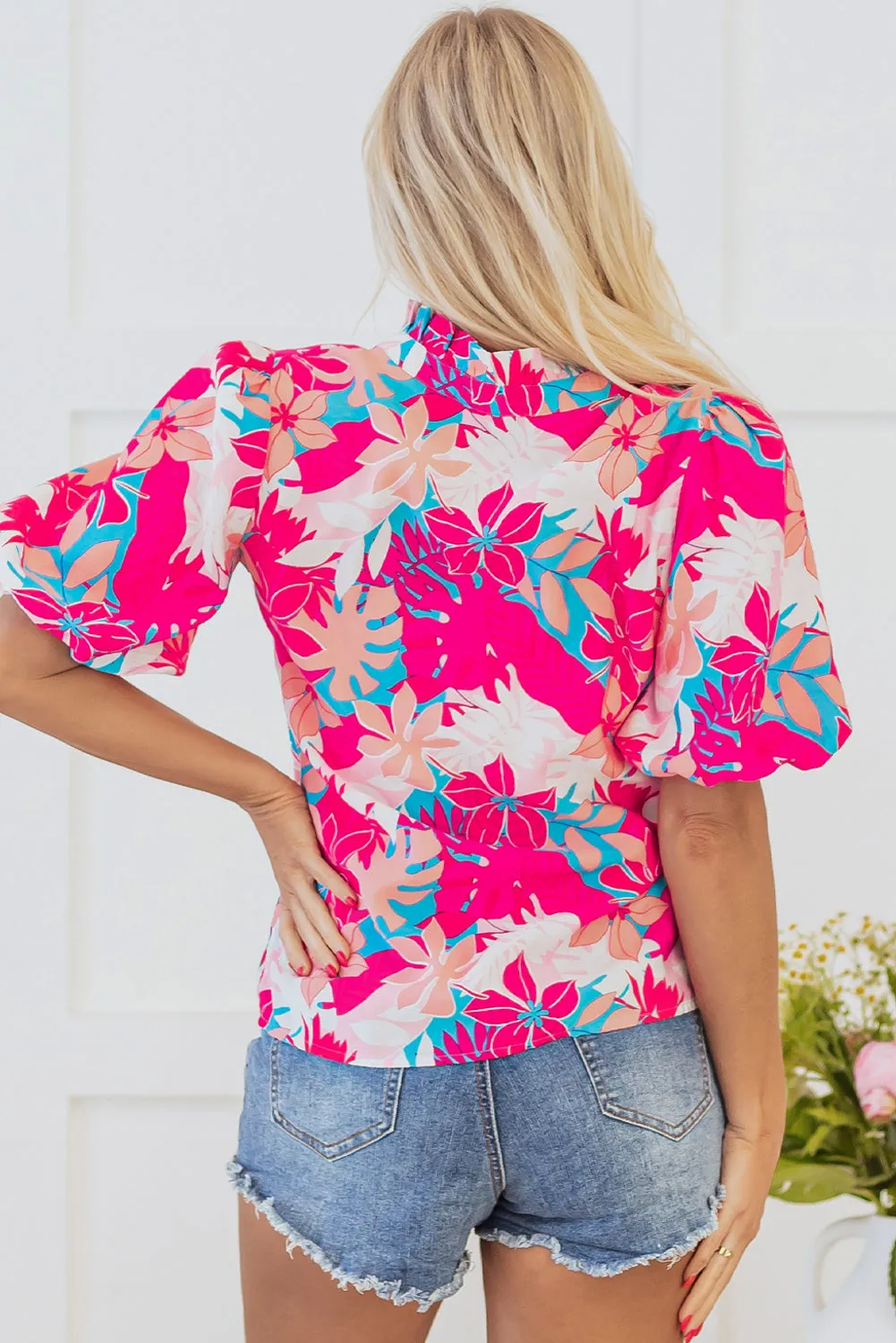 Rose Tropical Plant Printed V Neck Puff Sleeve Blouse sold by Beagle Boutique product image thumbnail 2