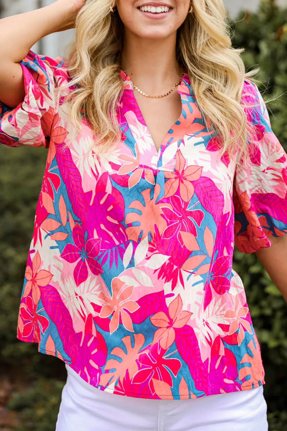 Rose Tropical Plant Printed V Neck Puff Sleeve Blouse sold by Beagle Boutique product image thumbnail 5