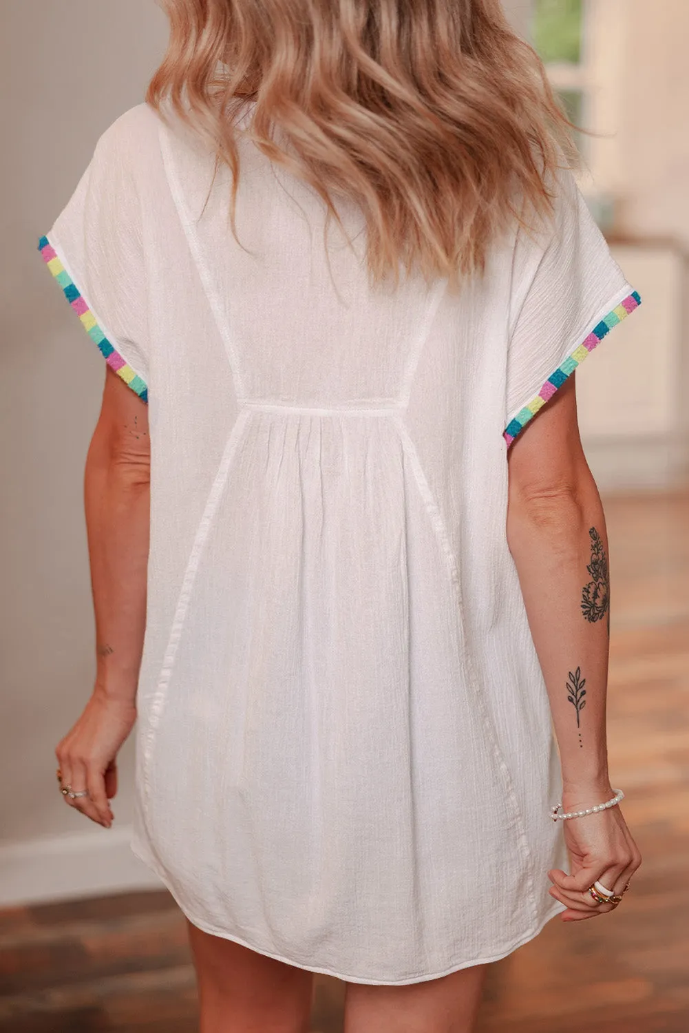 White Colourful Fringed Detail Tassel Tie Neck Short Sleeve Blouse sold by Beagle Boutique product image thumbnail 2