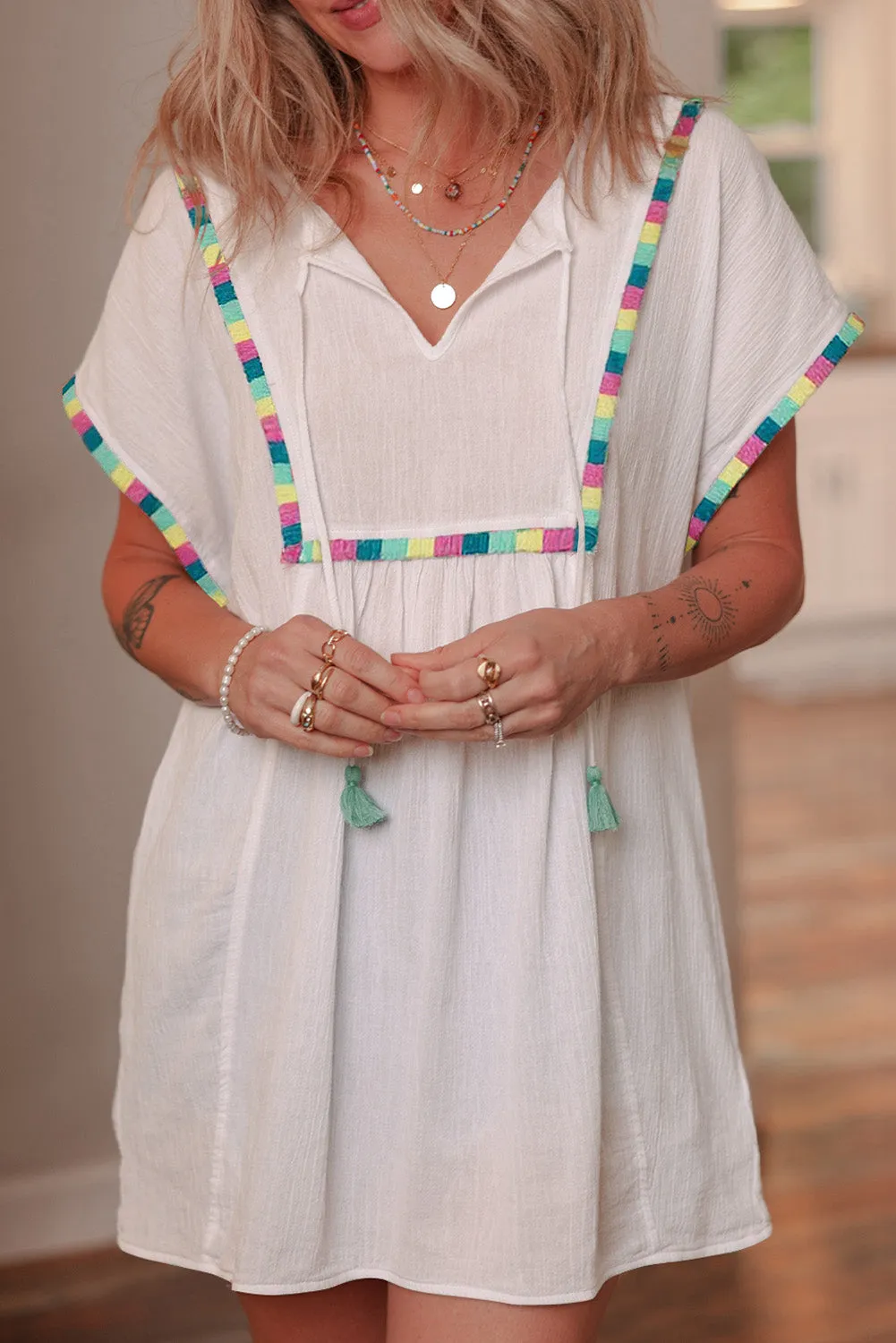 White Colourful Fringed Detail Tassel Tie Neck Short Sleeve Blouse sold by Beagle Boutique product image thumbnail 5