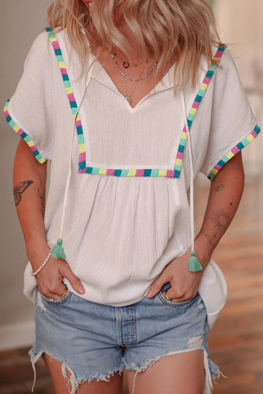 White Colourful Fringed Detail Tassel Tie Neck Short Sleeve Blouse sold by Beagle Boutique product image thumbnail 3